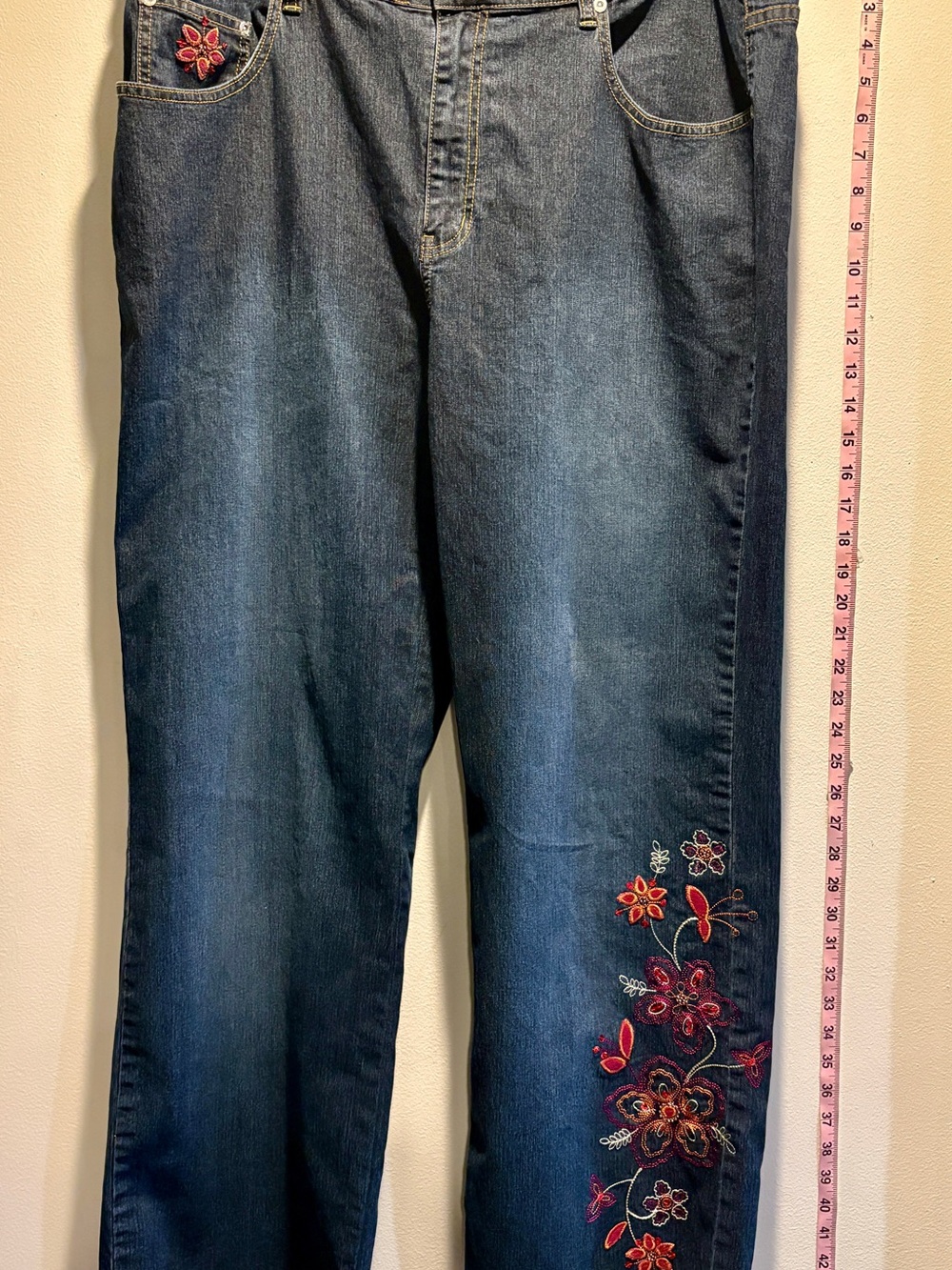 Embroidered Straight-Leg Jeans in Dark Blue